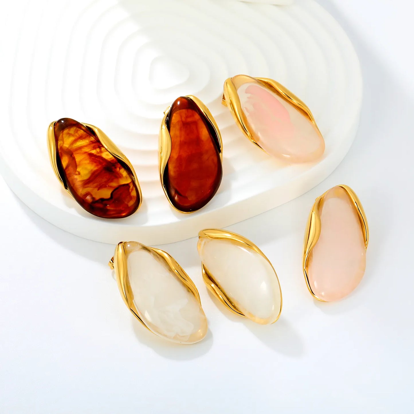 3 Colors Irregular Oval Resin Earrings | 20×37mm | 18K Gold Plated Stainless Steel Statement Earrings | Wholesale MOQ 12