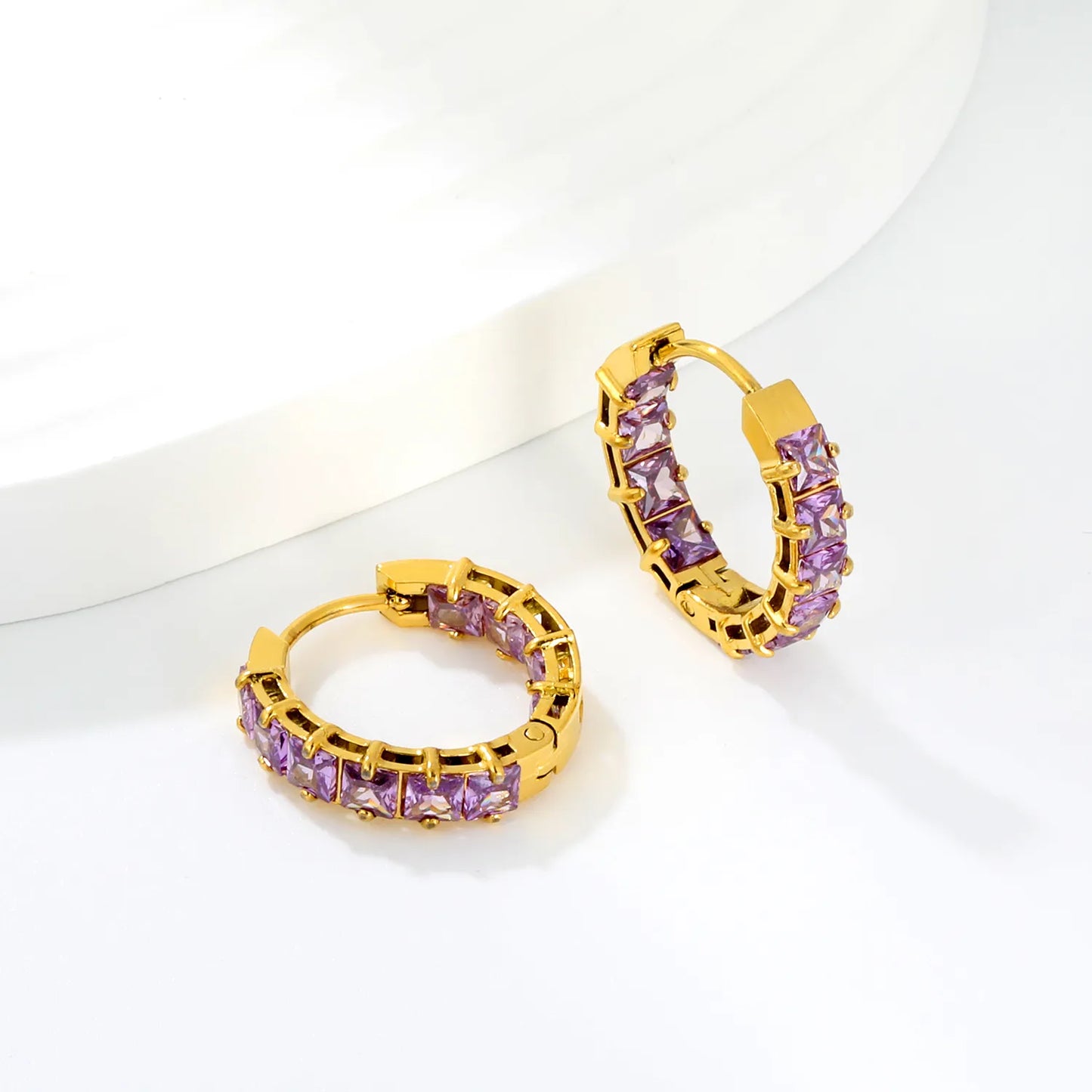 Square Purple Cubic Zirconia Open Hollow Huggie Hoop Earrings | Gold & Silver | Hypoallergenic Stainless Steel Small Sparkle Hoop Earrings | Wholesale MOQ 12