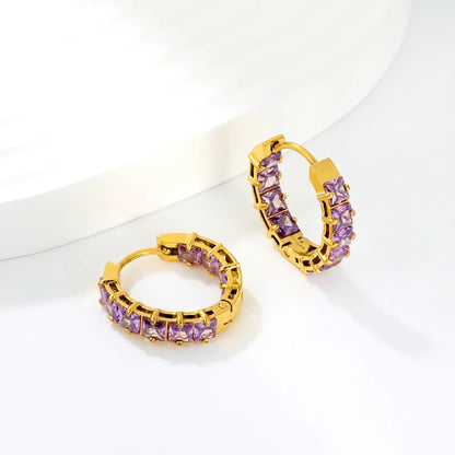 Square Purple Cubic Zirconia Open Hollow Huggie Hoop Earrings | Gold & Silver | Hypoallergenic Stainless Steel Small Sparkle Hoop Earrings | Wholesale MOQ 12