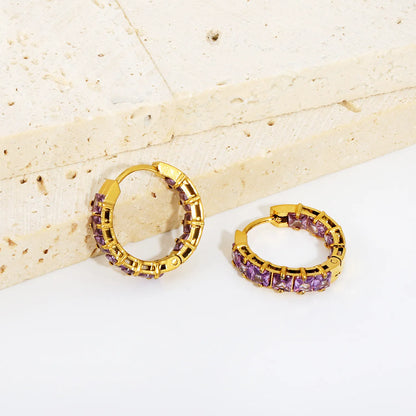 Square Purple Cubic Zirconia Open Hollow Huggie Hoop Earrings | Gold & Silver | Hypoallergenic Stainless Steel Small Sparkle Hoop Earrings | Wholesale MOQ 12