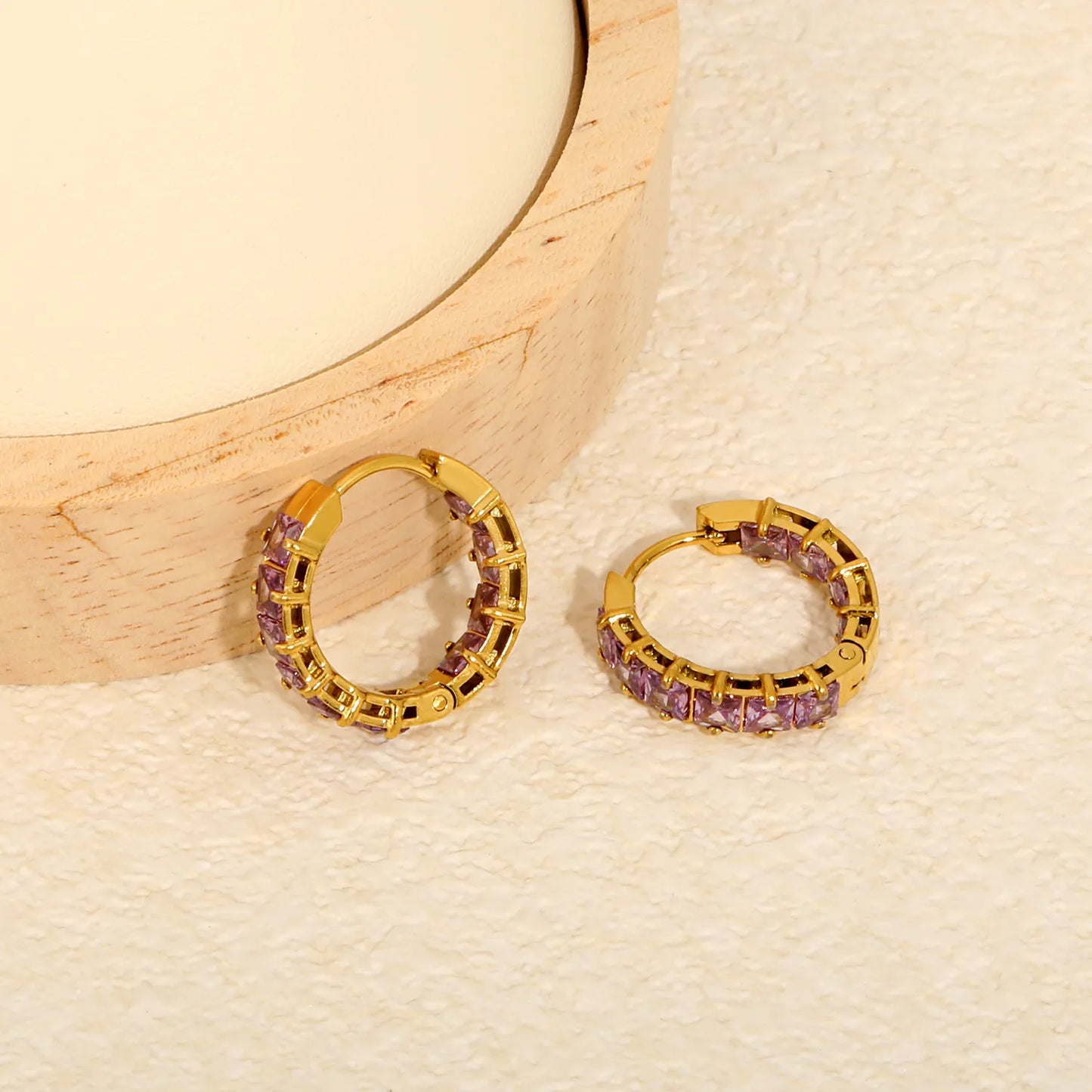 Square Purple Cubic Zirconia Open Hollow Huggie Hoop Earrings | Gold & Silver | Hypoallergenic Stainless Steel Small Sparkle Hoop Earrings | Wholesale MOQ 12