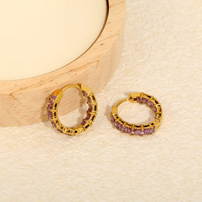 Square Purple Cubic Zirconia Open Hollow Huggie Hoop Earrings | Gold & Silver | Hypoallergenic Stainless Steel Small Sparkle Hoop Earrings | Wholesale MOQ 12