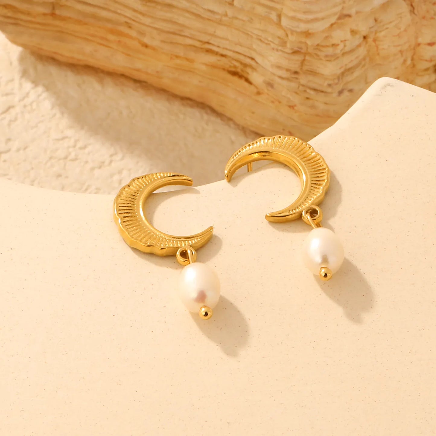 Textured Crescent Moon Freshwater Pearl Dangle Stud Earrings | 18K Gold Plated Stainless Steel Vintage Earrings | Bulk Order MOQ 12