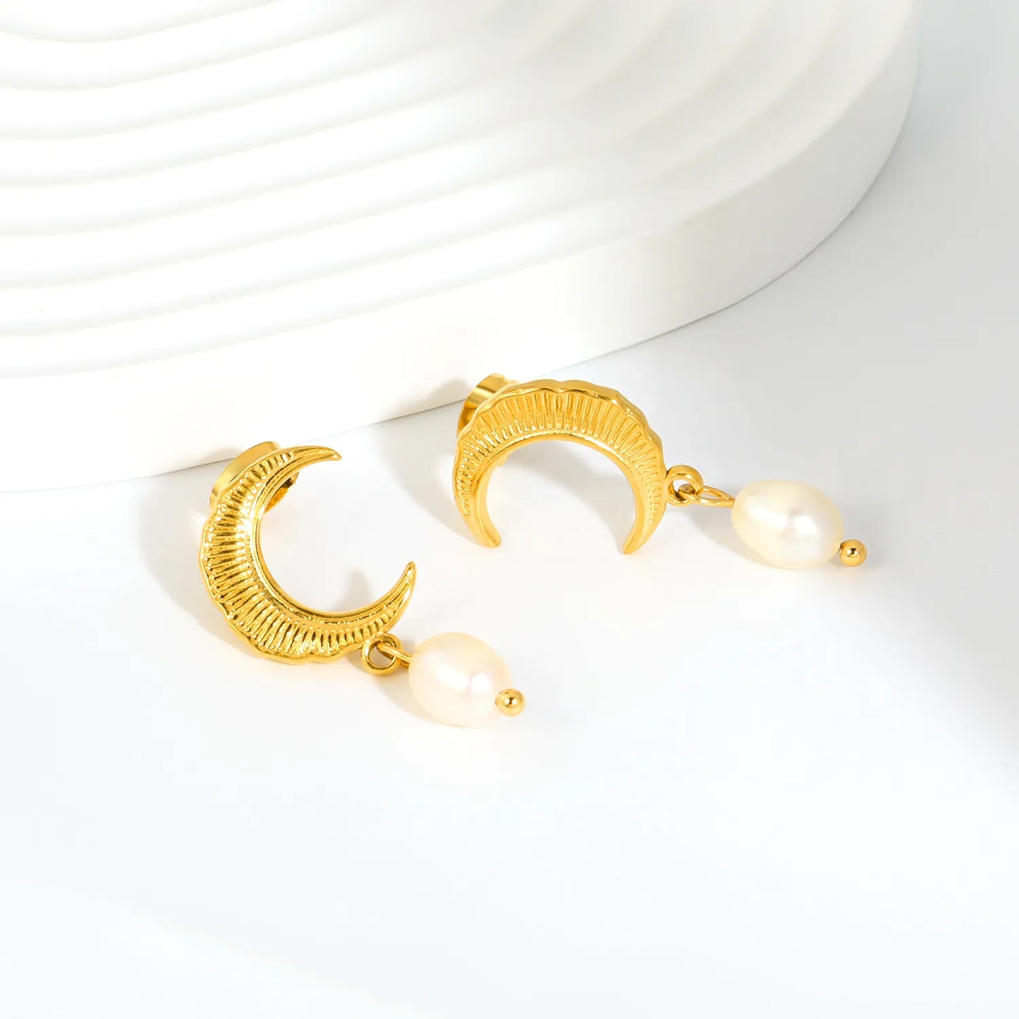 Textured Crescent Moon Freshwater Pearl Dangle Stud Earrings | 18K Gold Plated Stainless Steel Vintage Earrings | Bulk Order MOQ 12