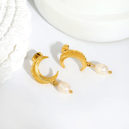 Textured Crescent Moon Freshwater Pearl Dangle Stud Earrings | 18K Gold Plated Stainless Steel Vintage Earrings | Bulk Order MOQ 12
