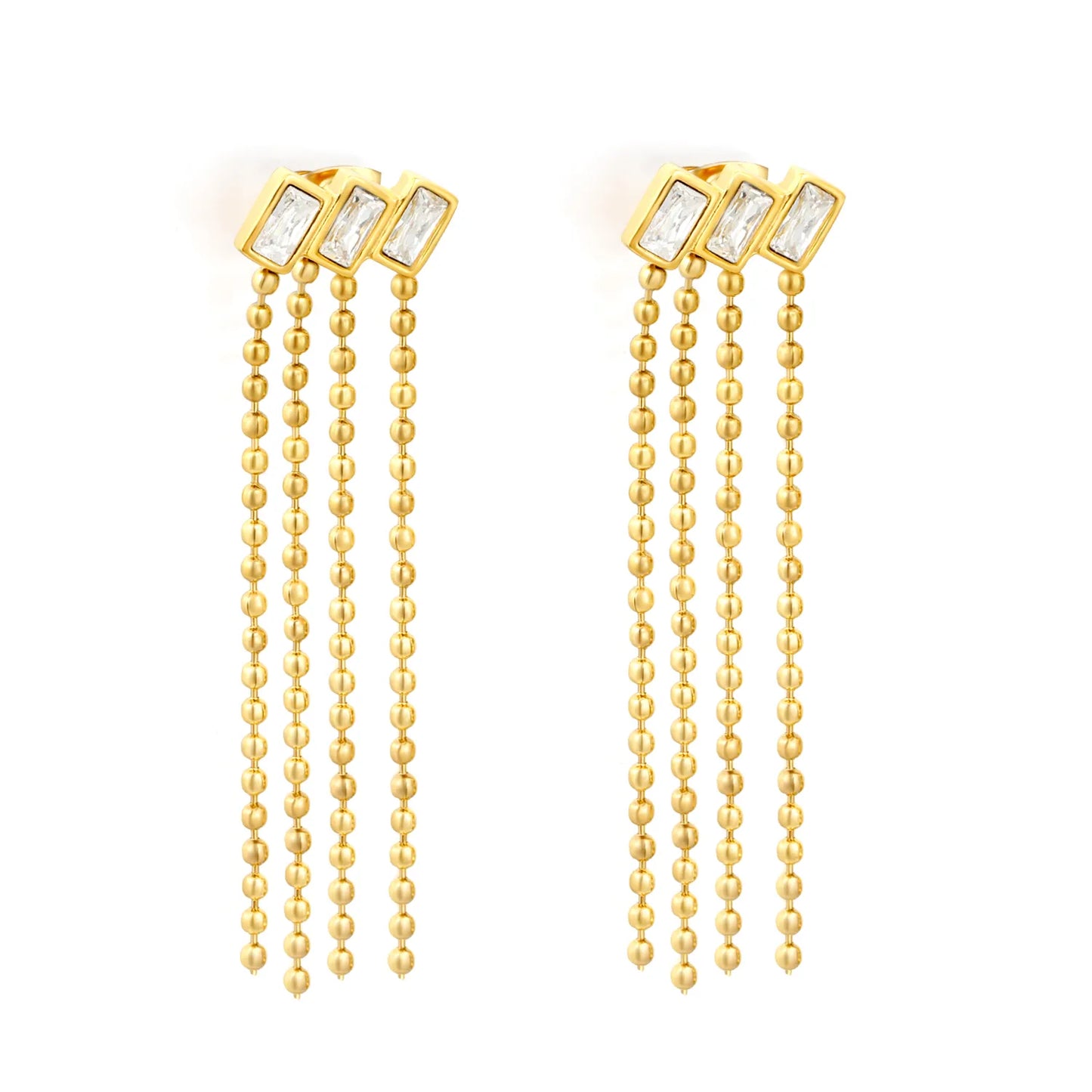 Baguette Crystal Multi Strand Ball Chain Tassel Stud Earrings | 4cm Long Tassel | 18K Gold Plated | Wholesale MOQ 12