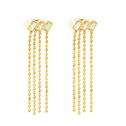 Baguette Crystal Multi Strand Ball Chain Tassel Stud Earrings | 4cm Long Tassel | 18K Gold Plated | Wholesale MOQ 12
