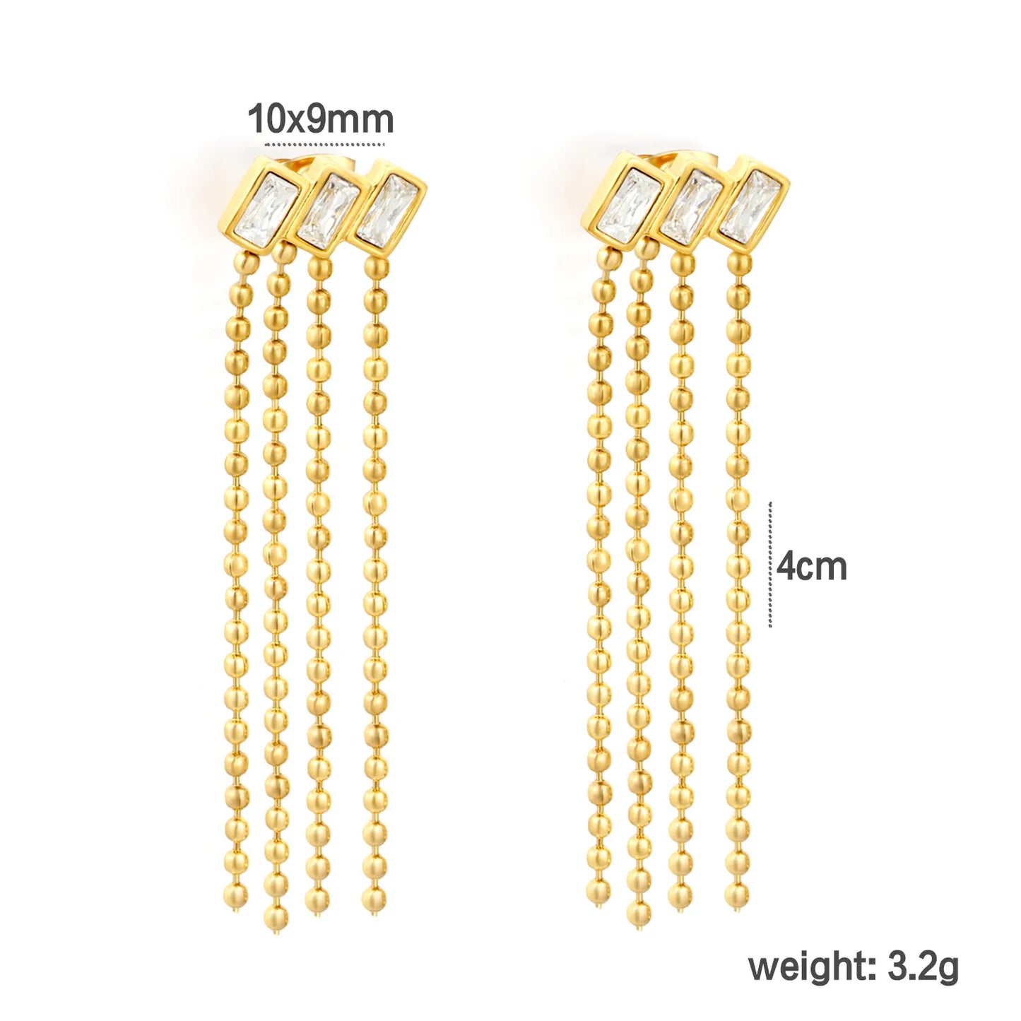 Baguette Crystal Multi Strand Ball Chain Tassel Stud Earrings | 4cm Long Tassel | 18K Gold Plated | Wholesale MOQ 12