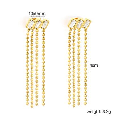 Baguette Crystal Multi Strand Ball Chain Tassel Stud Earrings | 4cm Long Tassel | 18K Gold Plated | Wholesale MOQ 12