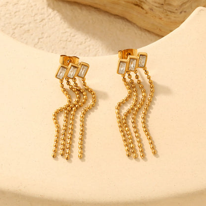 Baguette Crystal Multi Strand Ball Chain Tassel Stud Earrings | 4cm Long Tassel | 18K Gold Plated | Wholesale MOQ 12