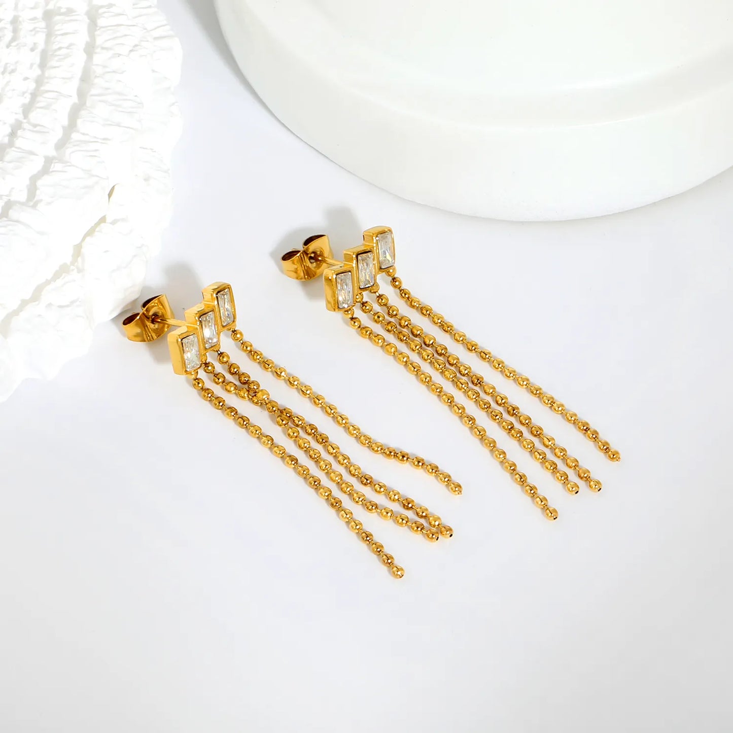 Baguette Crystal Multi Strand Ball Chain Tassel Stud Earrings | 4cm Long Tassel | 18K Gold Plated | Wholesale MOQ 12