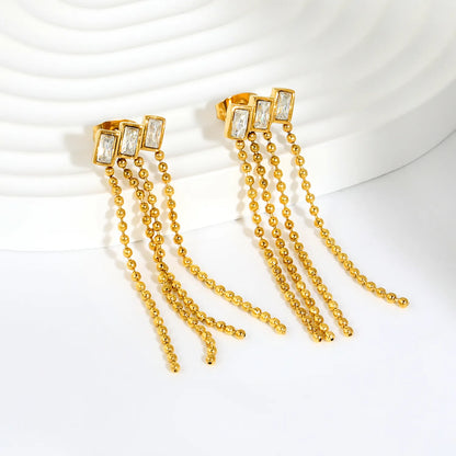 Baguette Crystal Multi Strand Ball Chain Tassel Stud Earrings | 4cm Long Tassel | 18K Gold Plated | Wholesale MOQ 12
