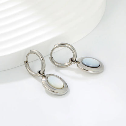 Oval White Mother Of Pearl Huggie Hoop Dangle Earrings | Tarnish Resistant Stainless Steel Minimalist Shell Drop Hoop Earrings | Wholesale MOQ 12