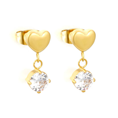 Solid Heart Round CZ Dangle Stud Earrings | 18K Gold Plated Stainless Steel Jewelry Wholesale MOQ 12