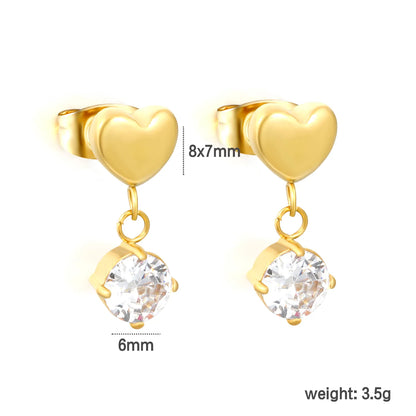 Solid Heart Round CZ Dangle Stud Earrings | 18K Gold Plated Stainless Steel Jewelry Wholesale MOQ 12