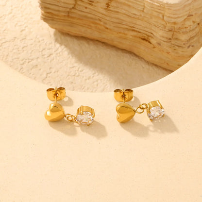 Solid Heart Round CZ Dangle Stud Earrings | 18K Gold Plated Stainless Steel Jewelry Wholesale MOQ 12