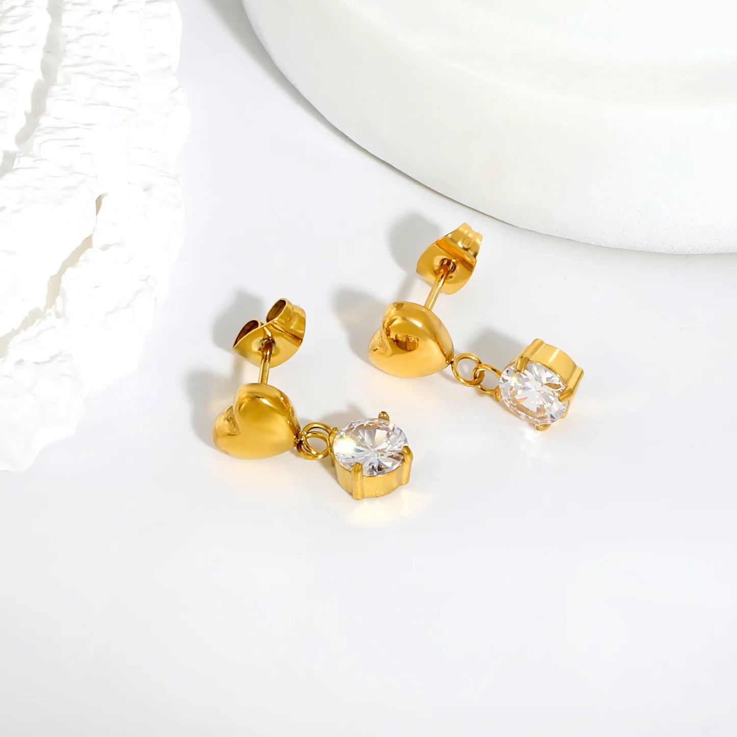 Solid Heart Round CZ Dangle Stud Earrings | 18K Gold Plated Stainless Steel Jewelry Wholesale MOQ 12