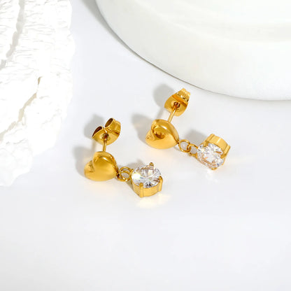 Solid Heart Round CZ Dangle Stud Earrings | 18K Gold Plated Stainless Steel Jewelry Wholesale MOQ 12