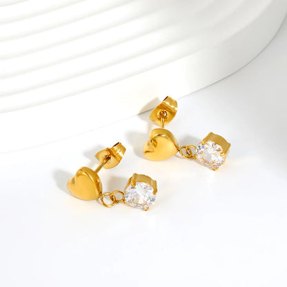 Solid Heart Round CZ Dangle Stud Earrings | 18K Gold Plated Stainless Steel Jewelry Wholesale MOQ 12