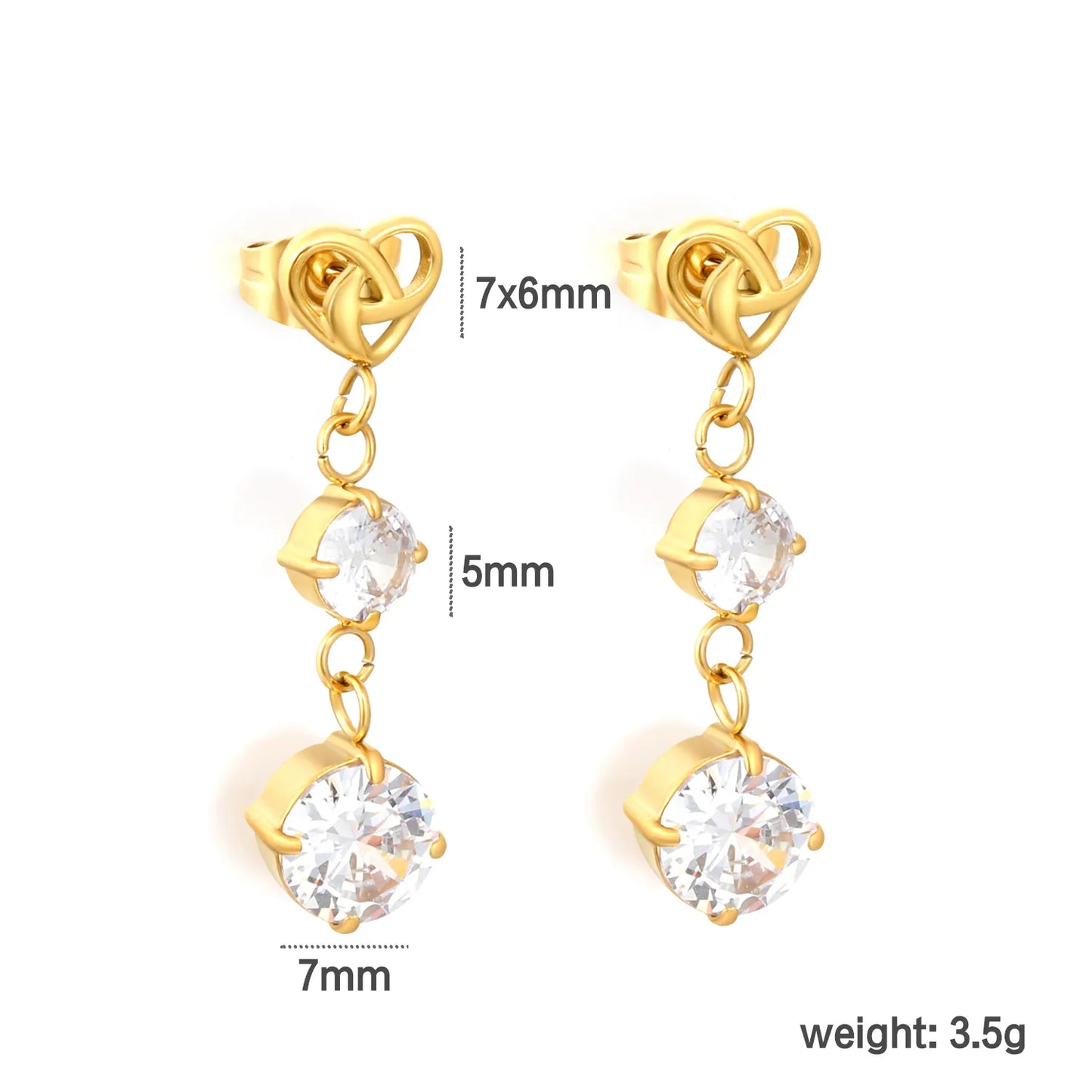 Heart Knot Layered Round CZ Dangle Stud Earrings | 7×6mm Hollow Heart Top | 18K Gold Plated Stainless Steel | Wholesale MOQ 12