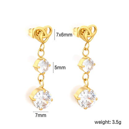 Heart Knot Layered Round CZ Dangle Stud Earrings | 7×6mm Hollow Heart Top | 18K Gold Plated Stainless Steel | Wholesale MOQ 12