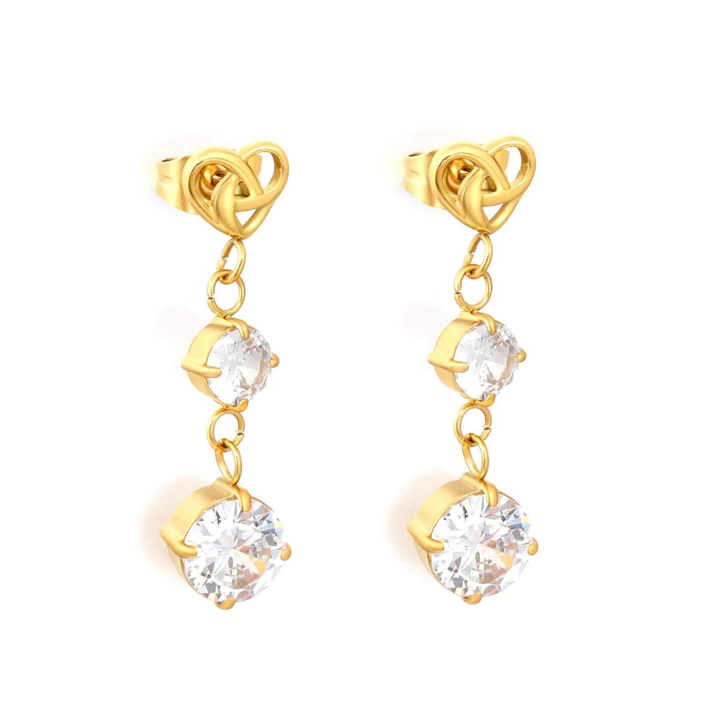Heart Knot Layered Round CZ Dangle Stud Earrings | 7×6mm Hollow Heart Top | 18K Gold Plated Stainless Steel | Wholesale MOQ 12