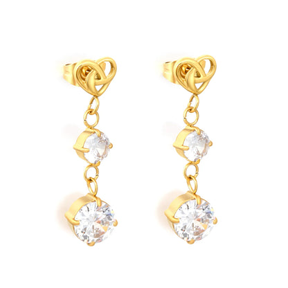 Heart Knot Layered Round CZ Dangle Stud Earrings | 7×6mm Hollow Heart Top | 18K Gold Plated Stainless Steel | Wholesale MOQ 12