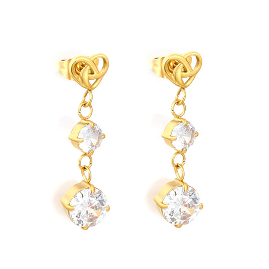 Heart Knot Layered Round CZ Dangle Stud Earrings | 7×6mm Hollow Heart Top | 18K Gold Plated Stainless Steel | Wholesale MOQ 12