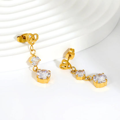 Heart Knot Layered Round CZ Dangle Stud Earrings | 7×6mm Hollow Heart Top | 18K Gold Plated Stainless Steel | Wholesale MOQ 12