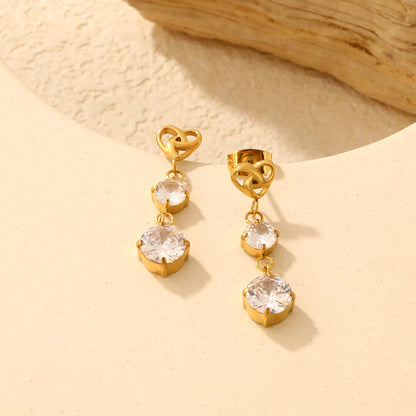 Heart Knot Layered Round CZ Dangle Stud Earrings | 7×6mm Hollow Heart Top | 18K Gold Plated Stainless Steel | Wholesale MOQ 12