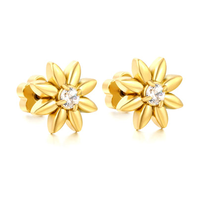 18K Gold Plated Stainless Steel Mini Flower CZ Screw Studs | Wholesale MOQ 12 | 10mm Eight-Petal Daisy Screw Back Stud Earrings | 3 Pairs Per Card Pack |