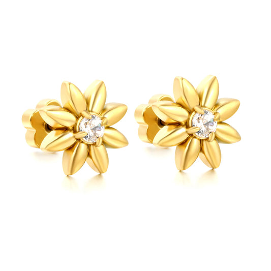 18K Gold Plated Stainless Steel Mini Flower CZ Screw Studs | Wholesale MOQ 12 | 10mm Eight-Petal Daisy Screw Back Stud Earrings | 3 Pairs Per Card Pack |
