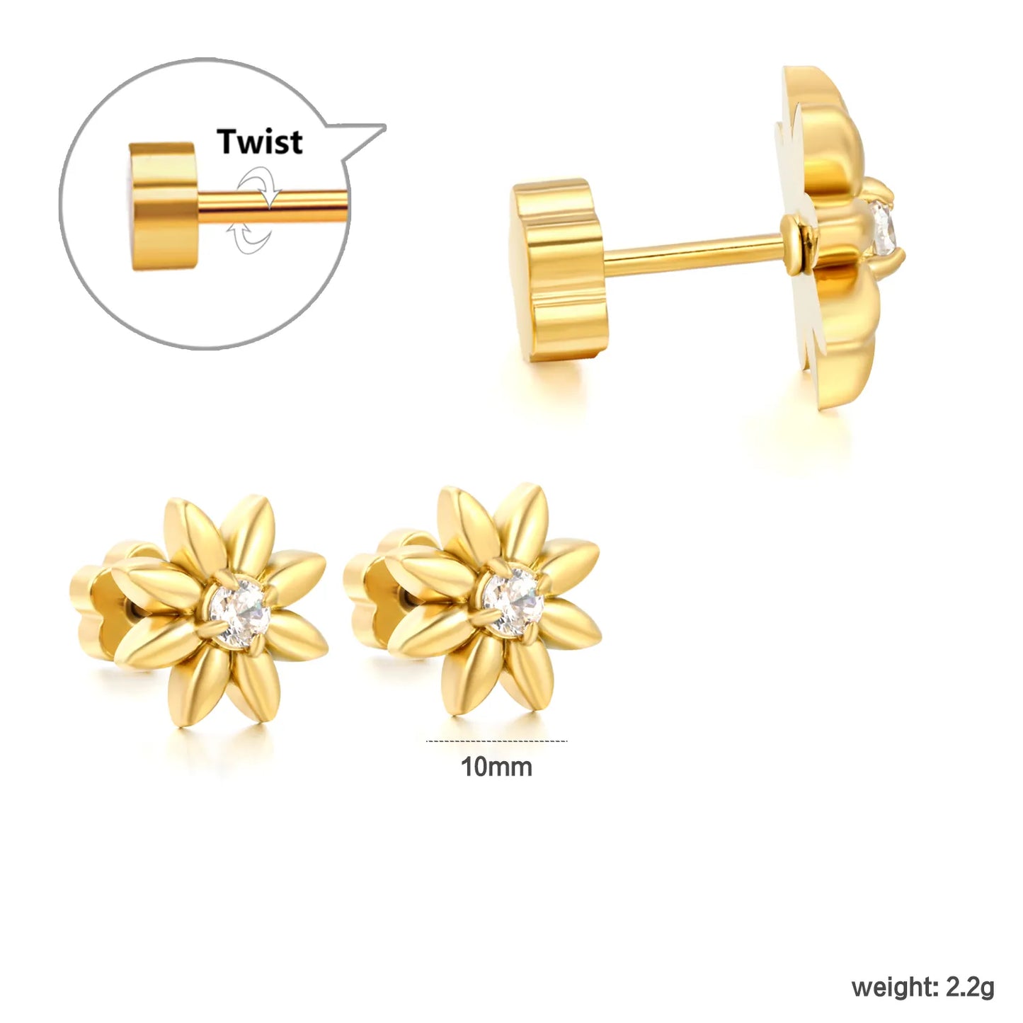 18K Gold Plated Stainless Steel Mini Flower CZ Screw Studs | Wholesale MOQ 12 | 10mm Eight-Petal Daisy Screw Back Stud Earrings | 3 Pairs Per Card Pack |