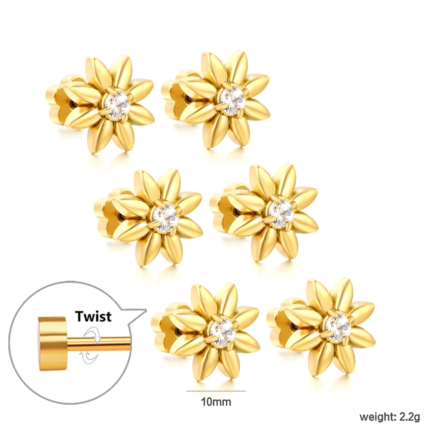 18K Gold Plated Stainless Steel Mini Flower CZ Screw Studs | Wholesale MOQ 12 | 10mm Eight-Petal Daisy Screw Back Stud Earrings | 3 Pairs Per Card Pack |