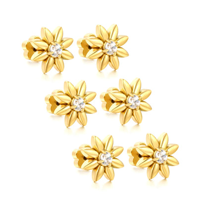 18K Gold Plated Stainless Steel Mini Flower CZ Screw Studs | Wholesale MOQ 12 | 10mm Eight-Petal Daisy Screw Back Stud Earrings | 3 Pairs Per Card Pack |