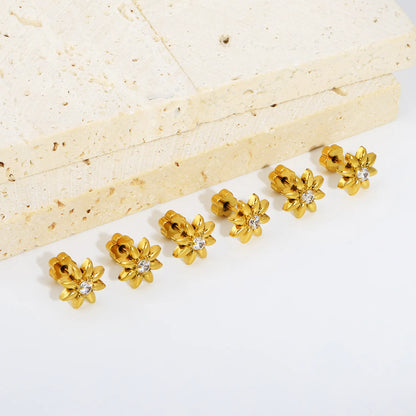 18K Gold Plated Stainless Steel Mini Flower CZ Screw Studs | Wholesale MOQ 12 | 10mm Eight-Petal Daisy Screw Back Stud Earrings | 3 Pairs Per Card Pack |