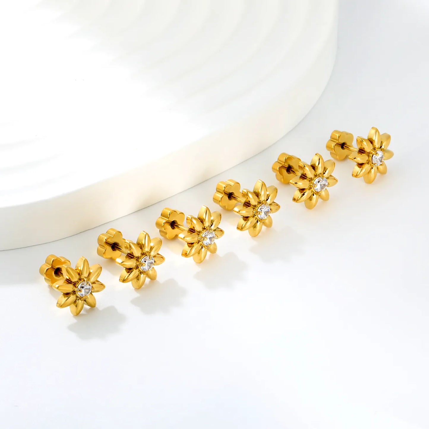 18K Gold Plated Stainless Steel Mini Flower CZ Screw Studs | Wholesale MOQ 12 | 10mm Eight-Petal Daisy Screw Back Stud Earrings | 3 Pairs Per Card Pack |