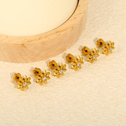 18K Gold Plated Stainless Steel Mini Flower CZ Screw Studs | Wholesale MOQ 12 | 10mm Eight-Petal Daisy Screw Back Stud Earrings | 3 Pairs Per Card Pack |