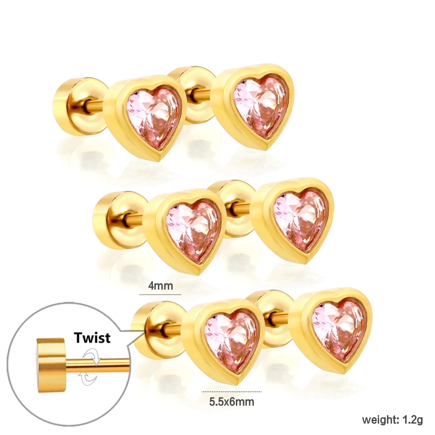 Mini Pink Heart CZ Screw Back Stud Earrings | 3 Pairs Per Card | 18K Gold Plated Stainless Steel | Wholesale MOQ 12