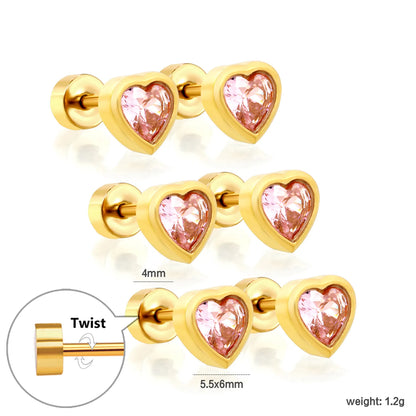 Mini Pink Heart CZ Screw Back Stud Earrings | 3 Pairs Per Card | 18K Gold Plated Stainless Steel | Wholesale MOQ 12