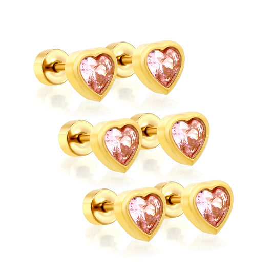 Mini Pink Heart CZ Screw Back Stud Earrings | 3 Pairs Per Card | 18K Gold Plated Stainless Steel | Wholesale MOQ 12