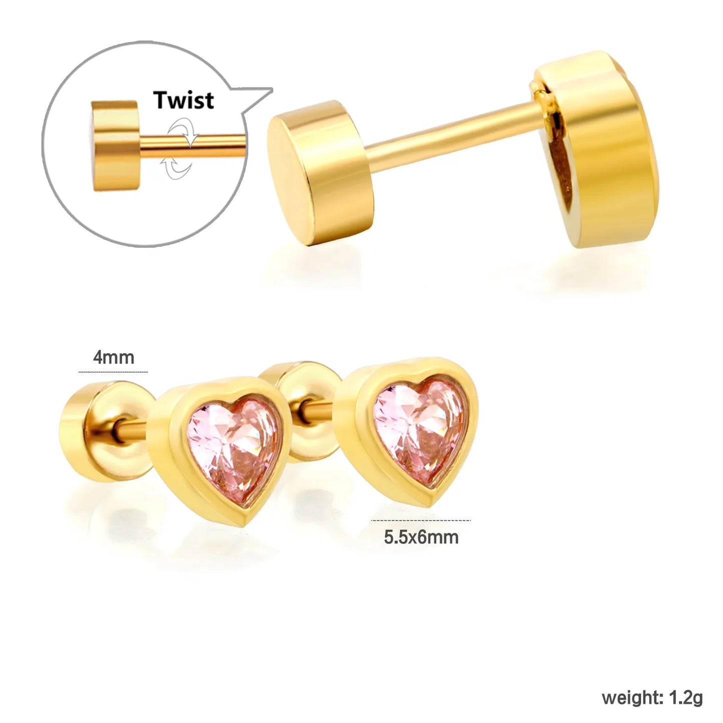 Mini Pink Heart CZ Screw Back Stud Earrings | 3 Pairs Per Card | 18K Gold Plated Stainless Steel | Wholesale MOQ 12
