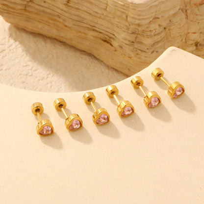 Mini Pink Heart CZ Screw Back Stud Earrings | 3 Pairs Per Card | 18K Gold Plated Stainless Steel | Wholesale MOQ 12