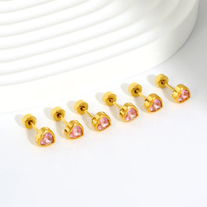 Mini Pink Heart CZ Screw Back Stud Earrings | 3 Pairs Per Card | 18K Gold Plated Stainless Steel | Wholesale MOQ 12