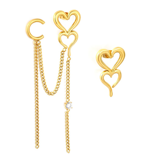 18K Gold Plated Asymmetric Double Hollow Heart Chain Tassel Drop Earrings | 16×26mm | Mismatched Long Dangle Crystal Earrings | Wholesale MOQ 12