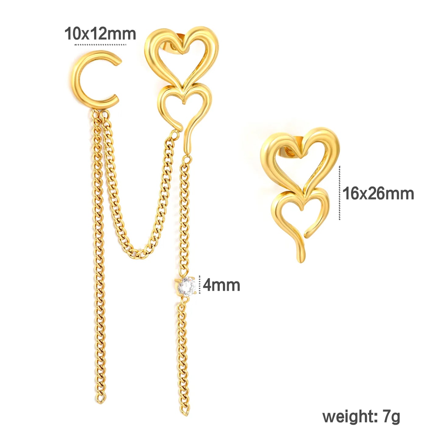 18K Gold Plated Asymmetric Double Hollow Heart Chain Tassel Drop Earrings | 16×26mm | Mismatched Long Dangle Crystal Earrings | Wholesale MOQ 12
