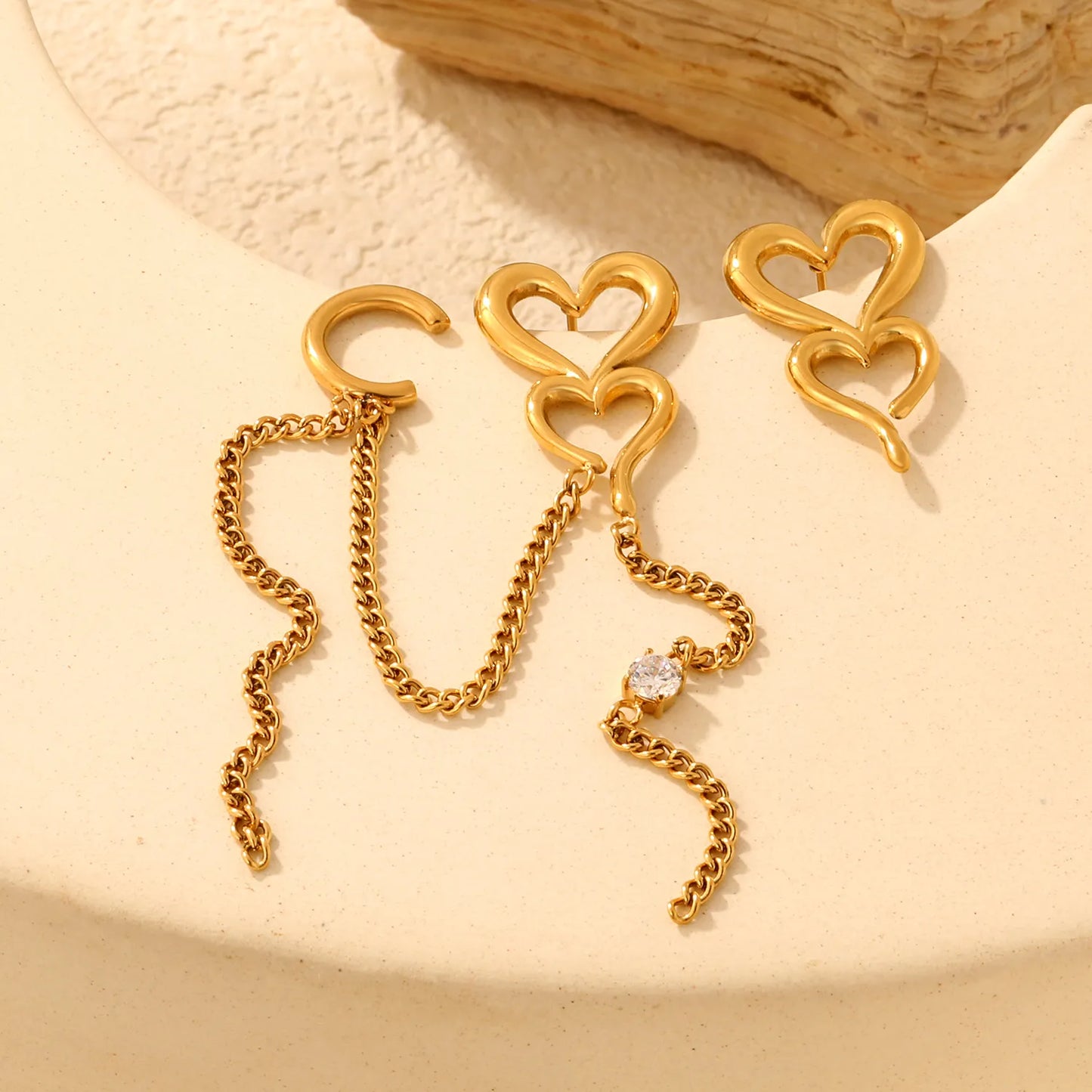 18K Gold Plated Asymmetric Double Hollow Heart Chain Tassel Drop Earrings | 16×26mm | Mismatched Long Dangle Crystal Earrings | Wholesale MOQ 12