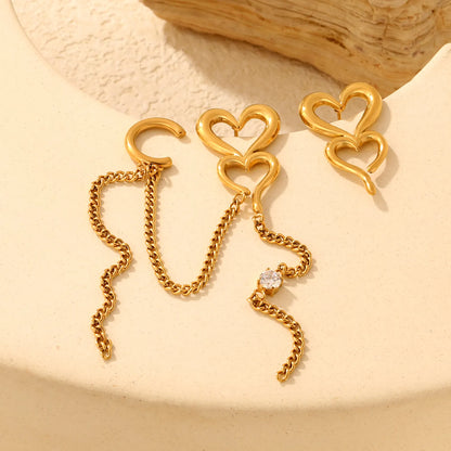 18K Gold Plated Asymmetric Double Hollow Heart Chain Tassel Drop Earrings | 16×26mm | Mismatched Long Dangle Crystal Earrings | Wholesale MOQ 12