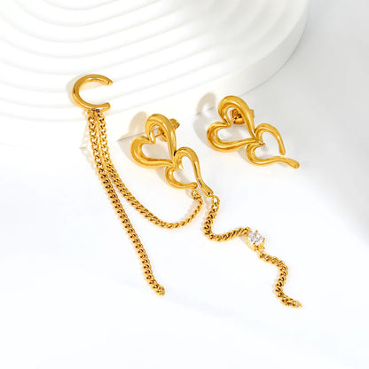 18K Gold Plated Asymmetric Double Hollow Heart Chain Tassel Drop Earrings | 16×26mm | Mismatched Long Dangle Crystal Earrings | Wholesale MOQ 12