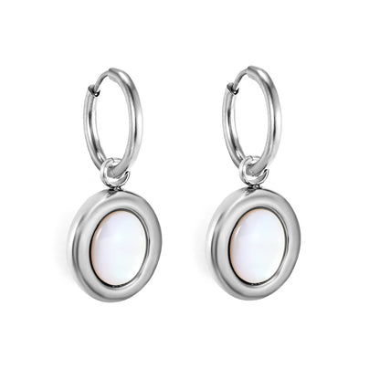 Oval White Mother Of Pearl Huggie Hoop Dangle Earrings | Tarnish Resistant Stainless Steel Minimalist Shell Drop Hoop Earrings | Wholesale MOQ 12